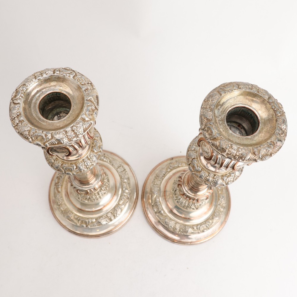Old Sheffield Plate 11 1/4" Pair Shell & Cornucopia Decorated Candlesticks