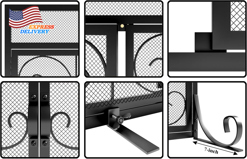 Flat Fireplace Screen with Doors Wrought Iron Frame with Metal Mesh