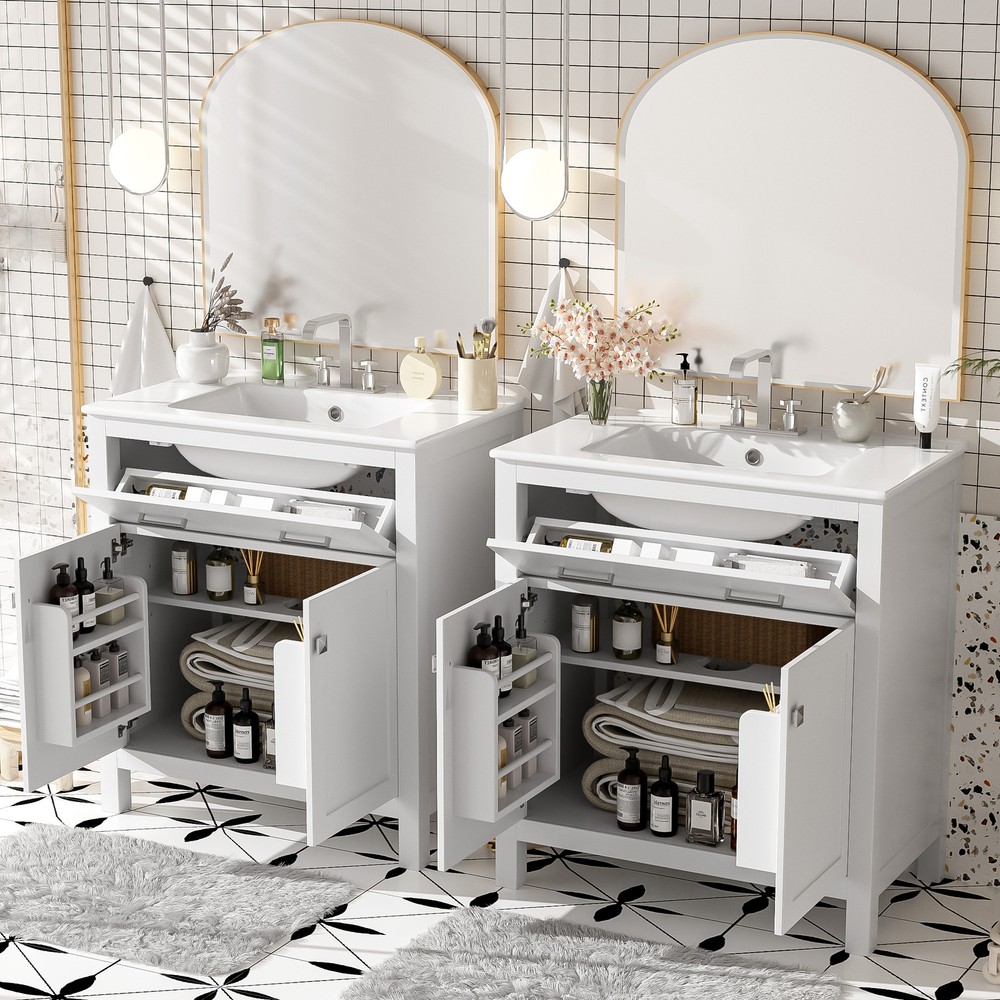 60" Modern Bathroom Vanity Set with Double Vanities，Double Ceramic Sinks White