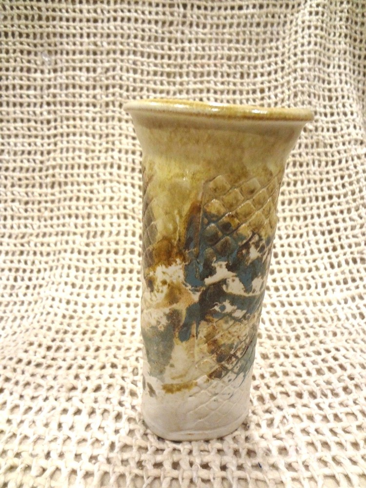 Glazed Pottery Vase Handcrafted 6.5" Earthenware Light Tan & White, Teal~Signed