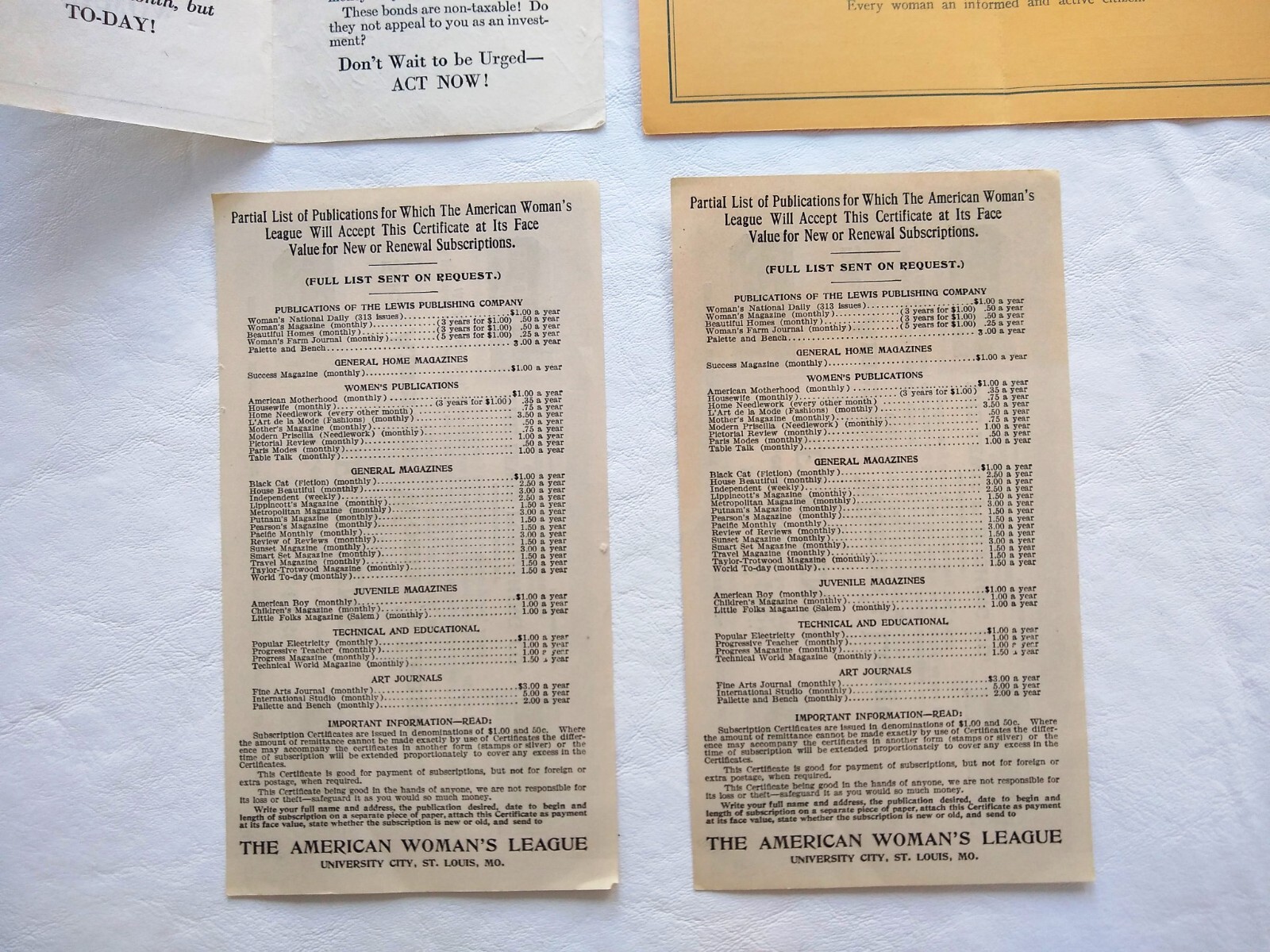 Women’s League, Voters, Liberty Bonds Lot of 4 Ephemera NYC & St Louis Paper