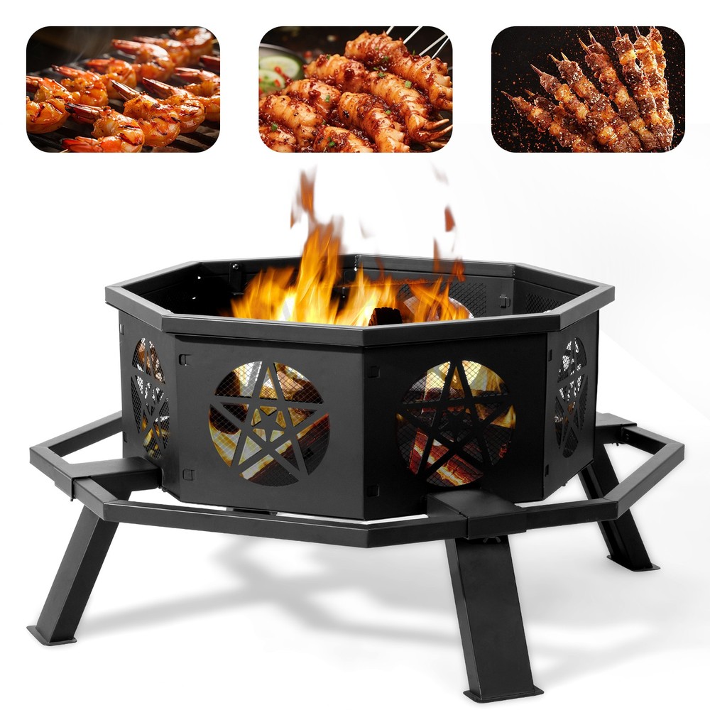 35"Octagonal Pit Outdoor Fire Pit Wood Burning Firepit Bonfire Fire Pit