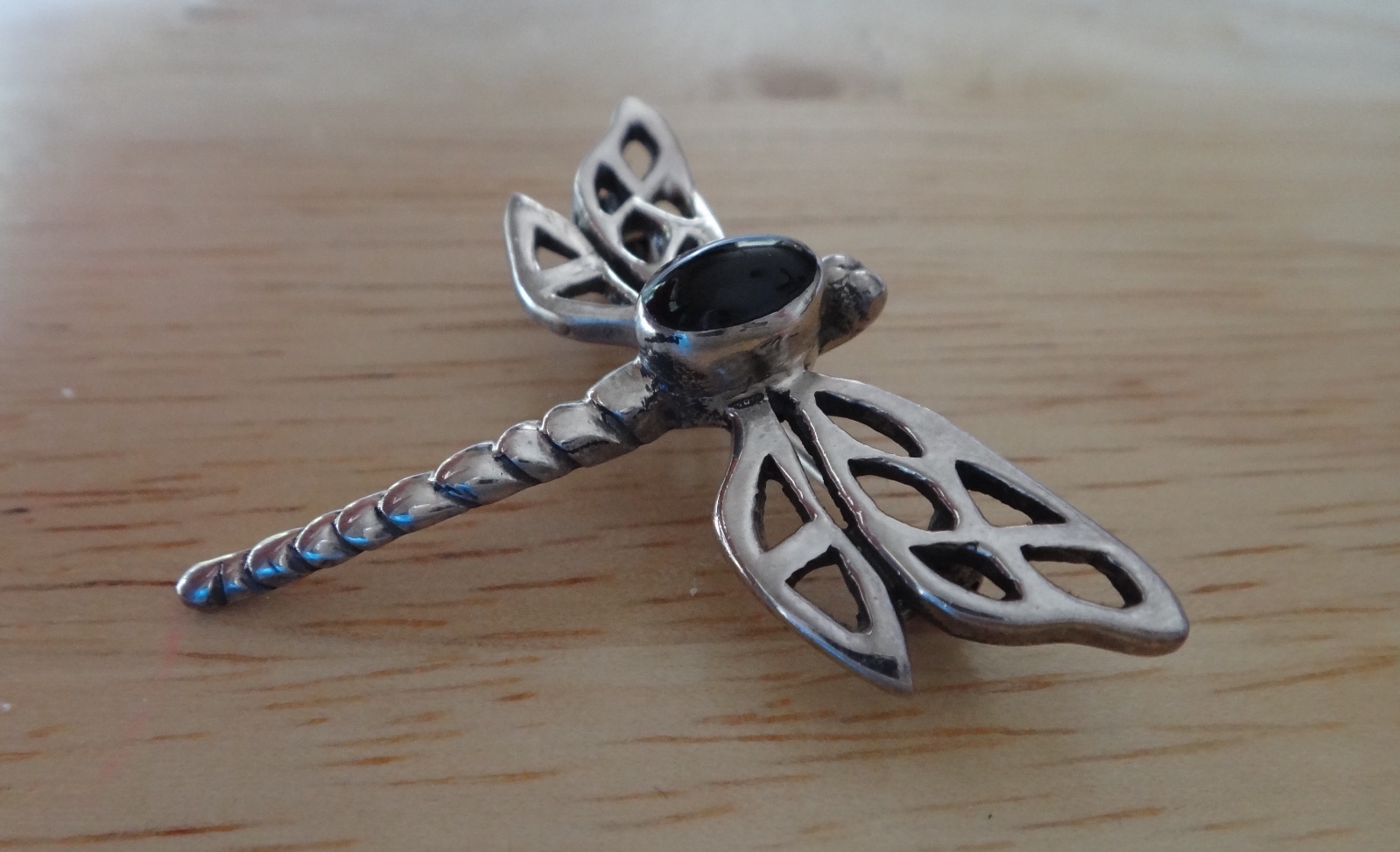 Sterling Silver 3D 40x30mm Large Dragonfly with Black Onyx Pin