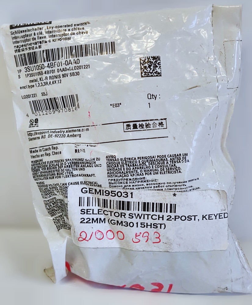 Siemens 3SU1050-4BF01-0AA0 Key-Operated Selector Switch