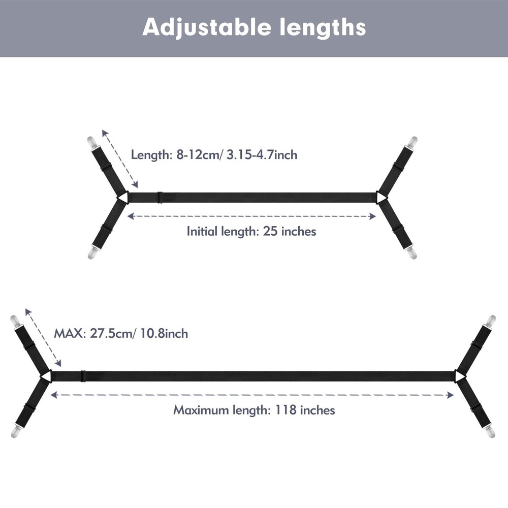 TEESSUE 4 Pcs Bed Sheet Straps, Adjustable Fitted Clips Keeping 2-black