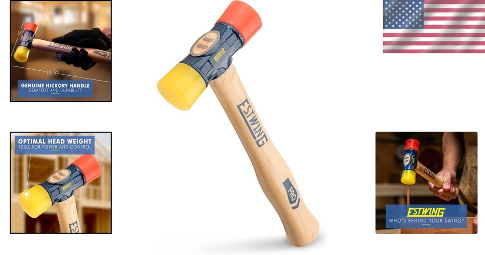 Rubber Mallet 12 oz Double-Face Hammer Soft Hard Tips Hickory Handle