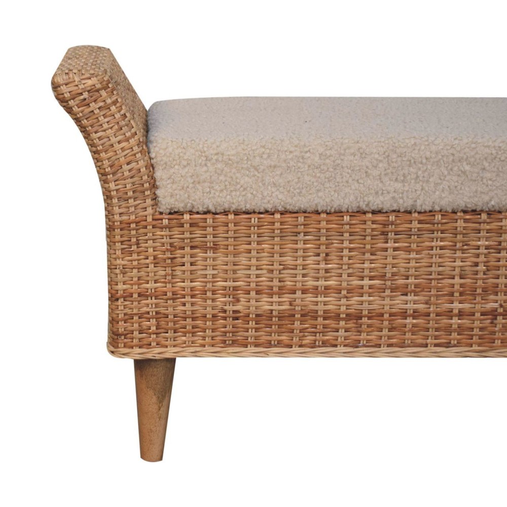 Rattan & Boucle Upholstered Bench