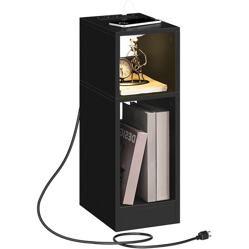 Narrow Nightstand Charging Station LED Sensor Light Modern Side Table Storage US