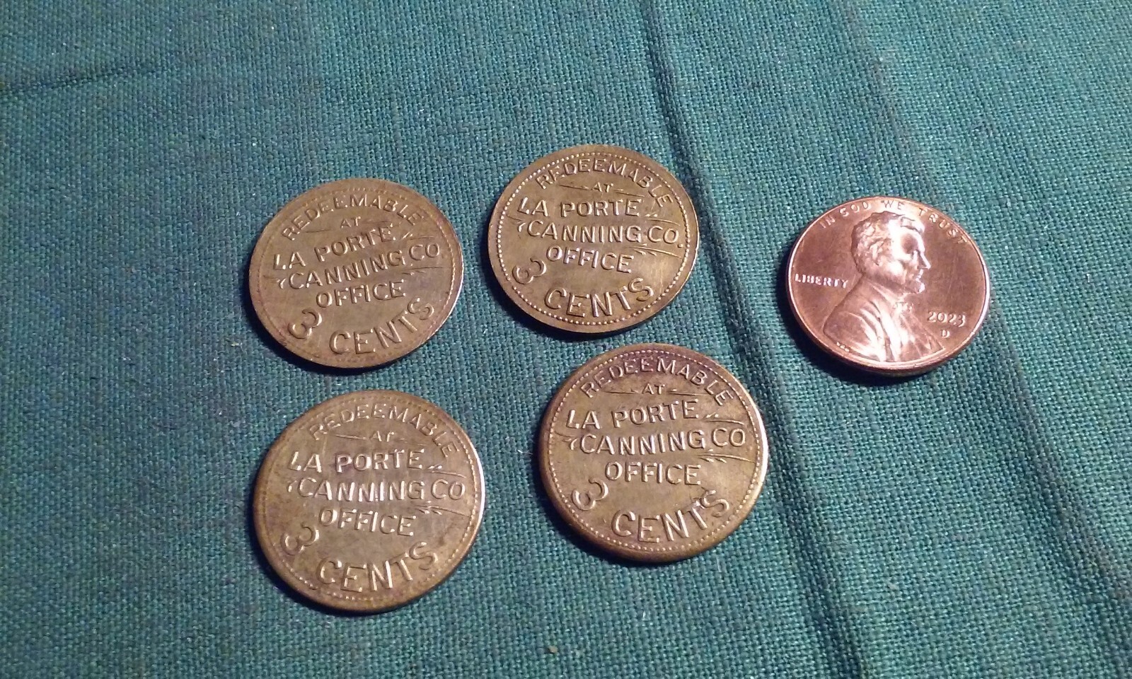 Lot of 4 La Porte IA Canning Co 3 Cent Trade Token For Husking Basket of Corn