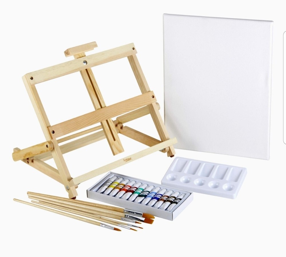 21 Piece Complete Easel Set - Stretched Canvas, Acrylic Paints & Brushes