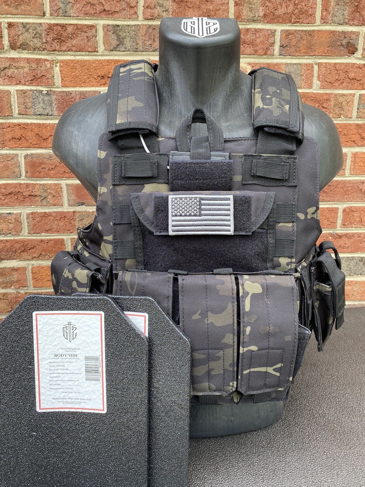 Black Multicam Tactical Vest Plate Carrier With Plates- 2 8x10 curved Plates