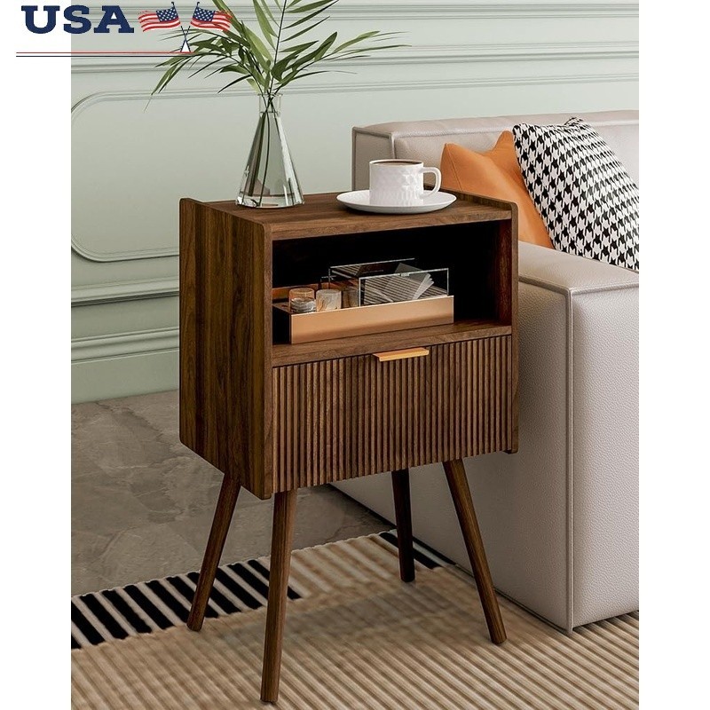 Modern Nightstand Small Side Table W/ Storage Drawer & Open Shelf Elegant Design