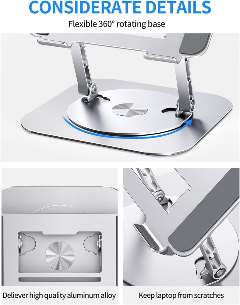 Adjustable Computer Stand with 360 Degree Swivel Base, Silver