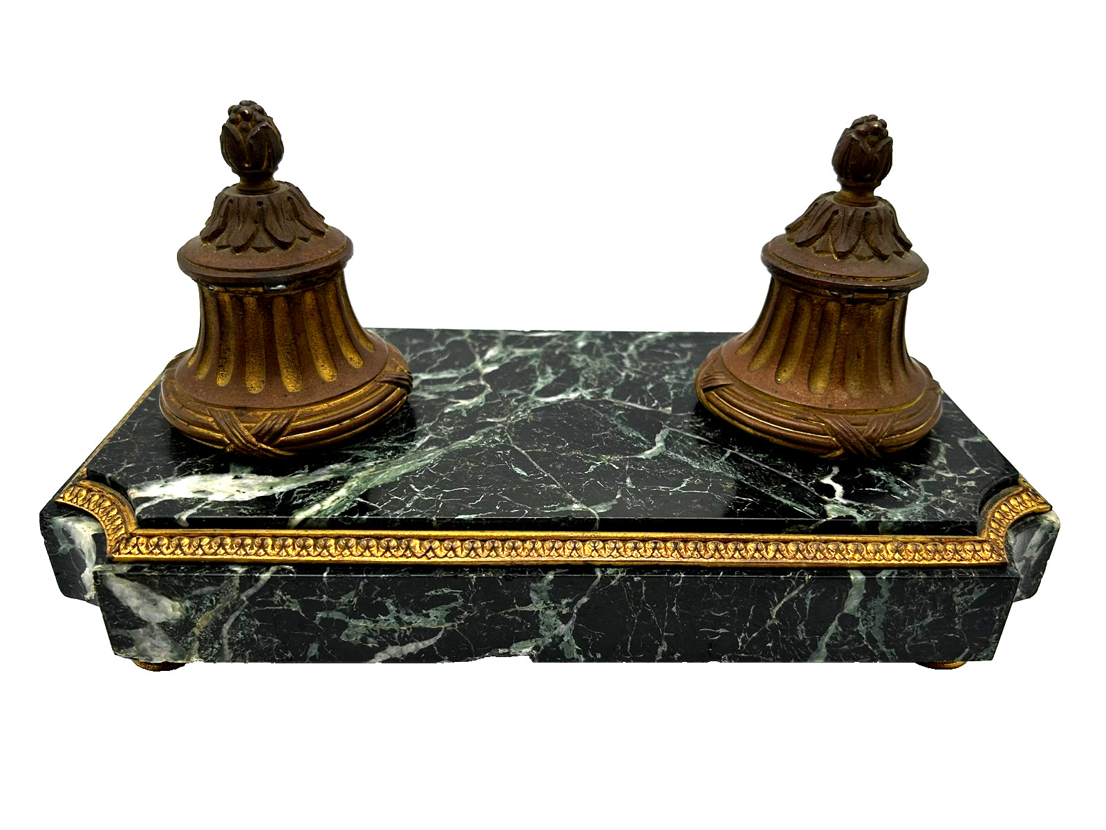 Antique Green Empire Marble and Bronze Inkwell