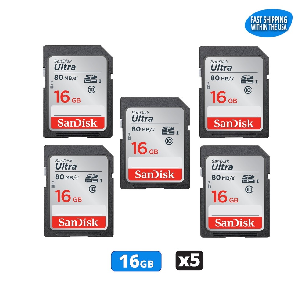 Sandisk Ultra 16GB SD cards for Camera / Trail Camera / Computers (5 Pack)