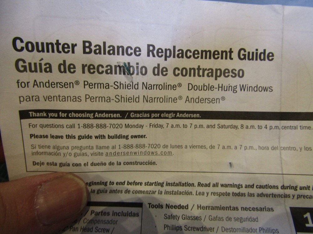 1 – Andersen Sash Balancer for Perma-Shield Narroline Window Counter Balancer BB