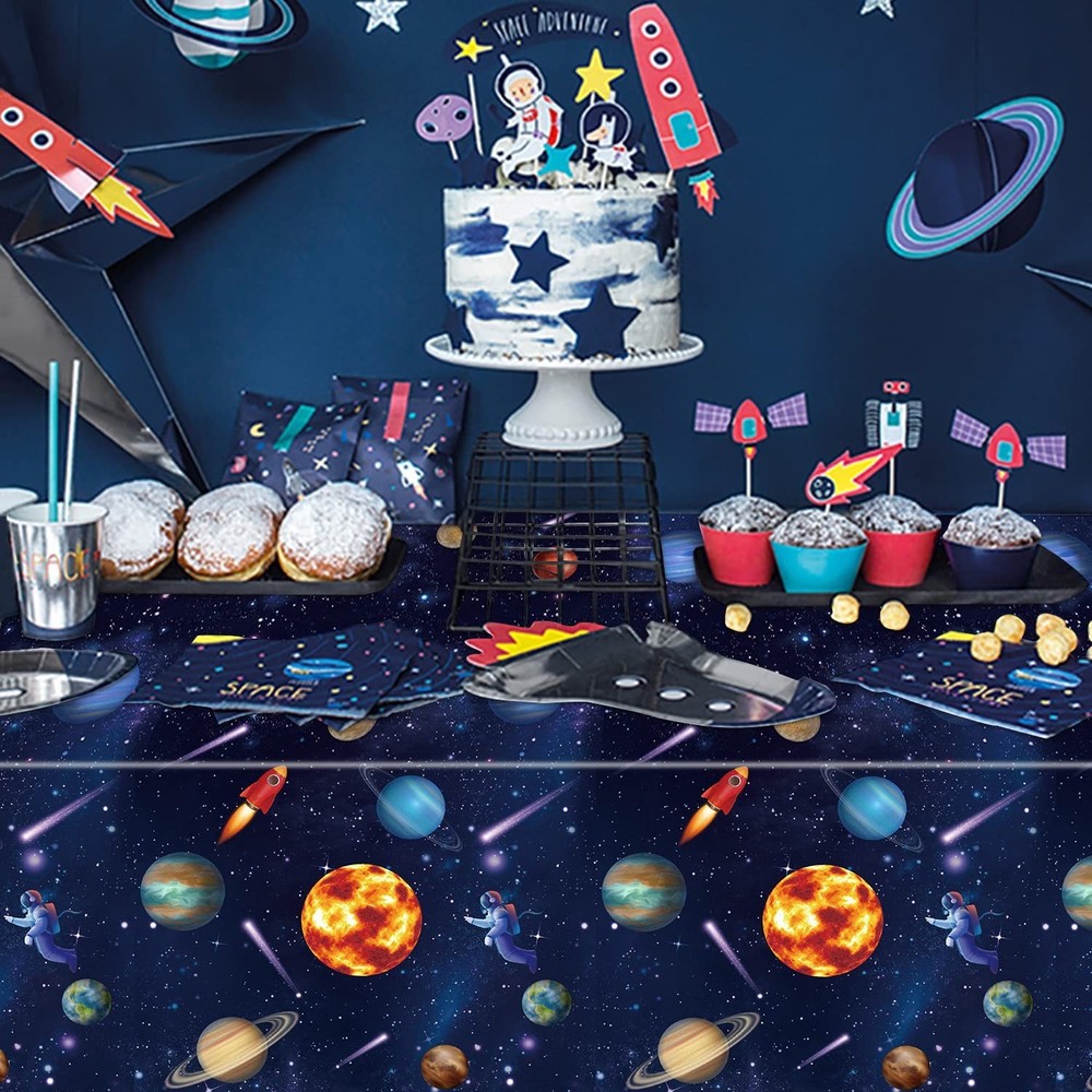 2 Pack Outer Space Party Tablecloths, Solar System Table Covers, 51x87'' Plas...