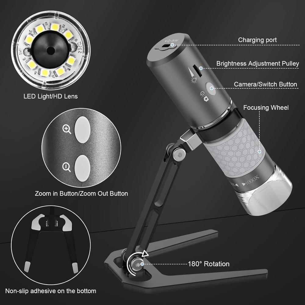 HD Wi-Fi Wireless Digital Microscope Camera Magnifier, Compatible for iPhone,...