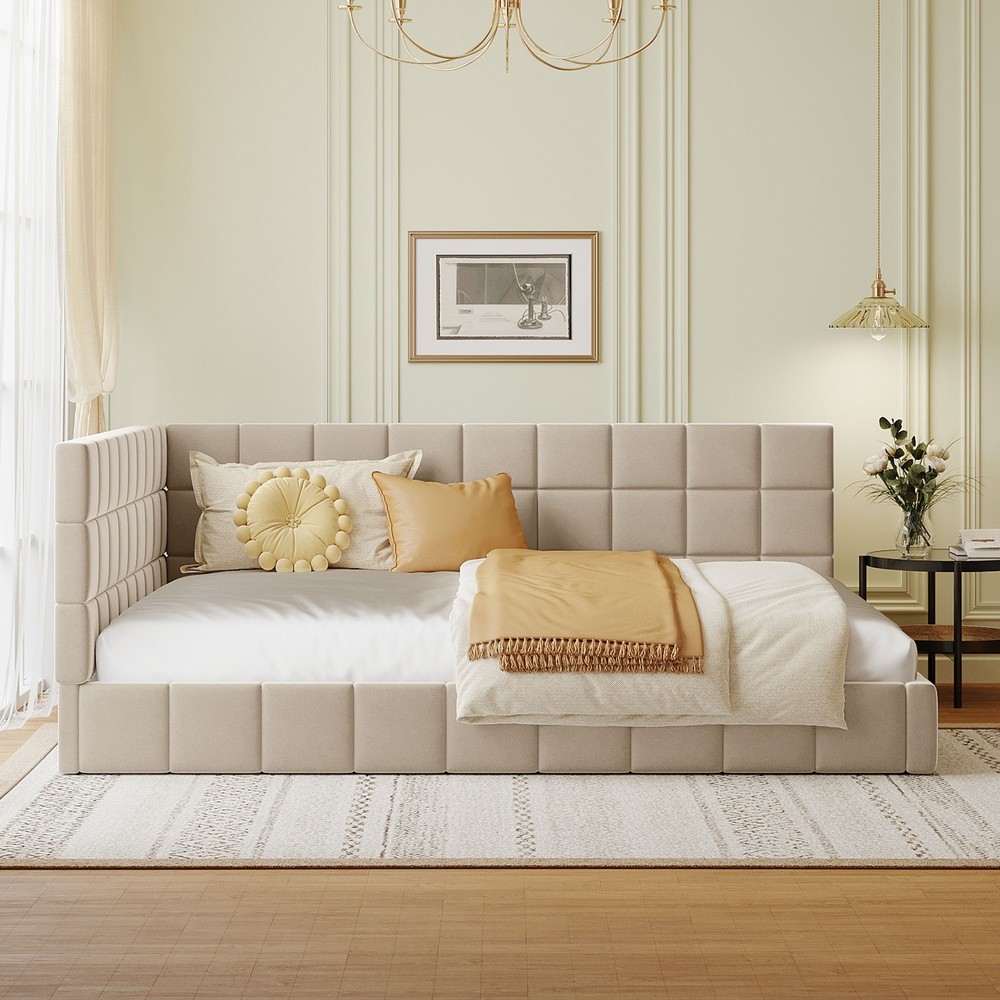 Full-size Upholstered Sofa Bed, Sofa Bed Frame - Beige, Velvet