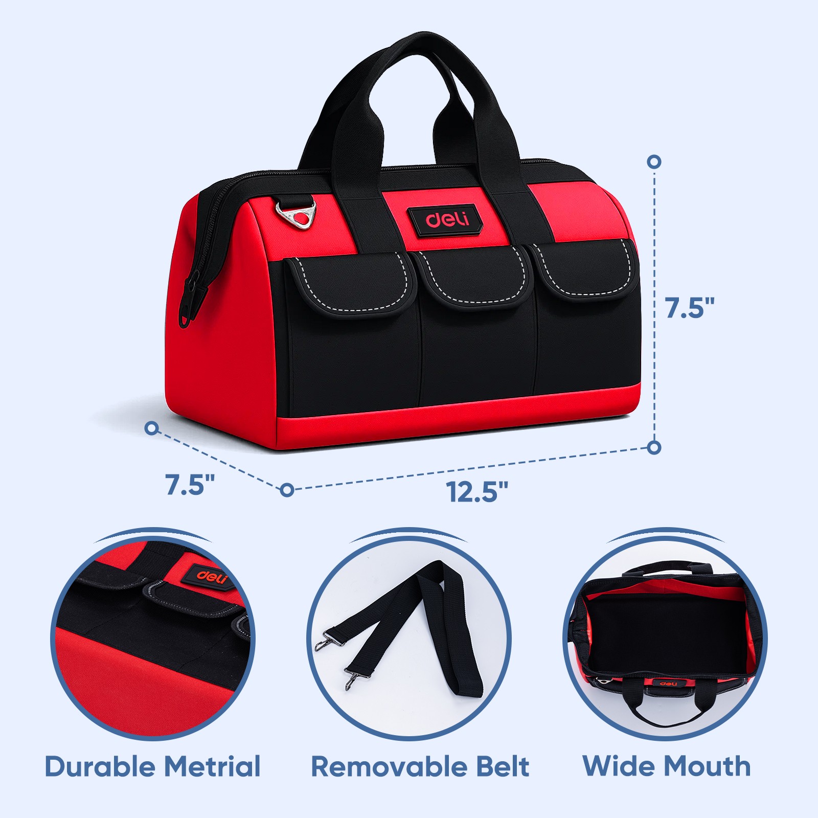Deli 13 Inch Heavy Duty Contractor Tool Bag with Pockets Adjustable Strap, Red