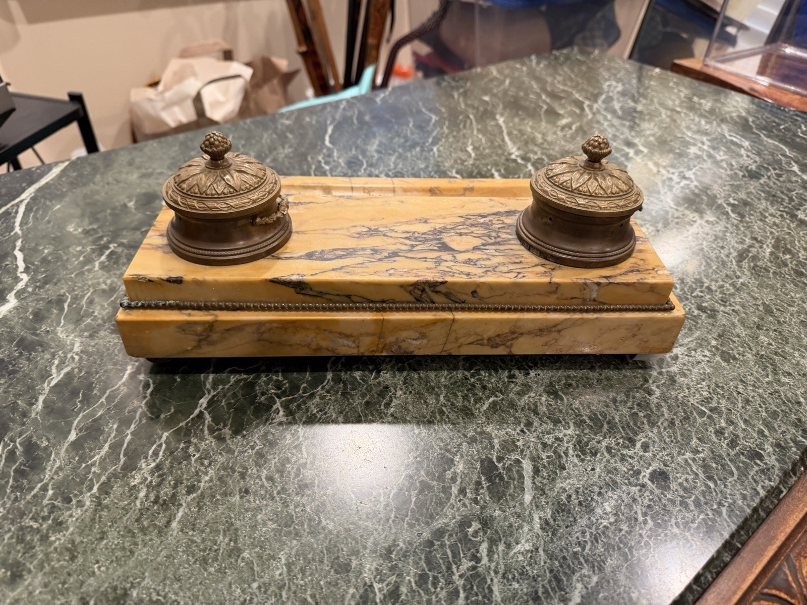 Napoleon III Large French Double Ink Well - Brass With Footed Marble Base