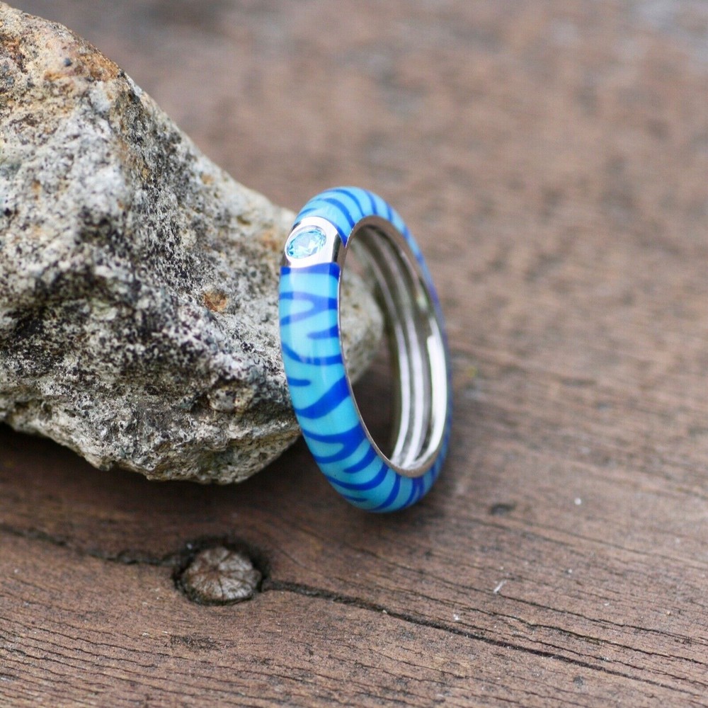 Handmade Blue Jungle Pattern Enamel Blue Topaz Ring Sterling Silver 925