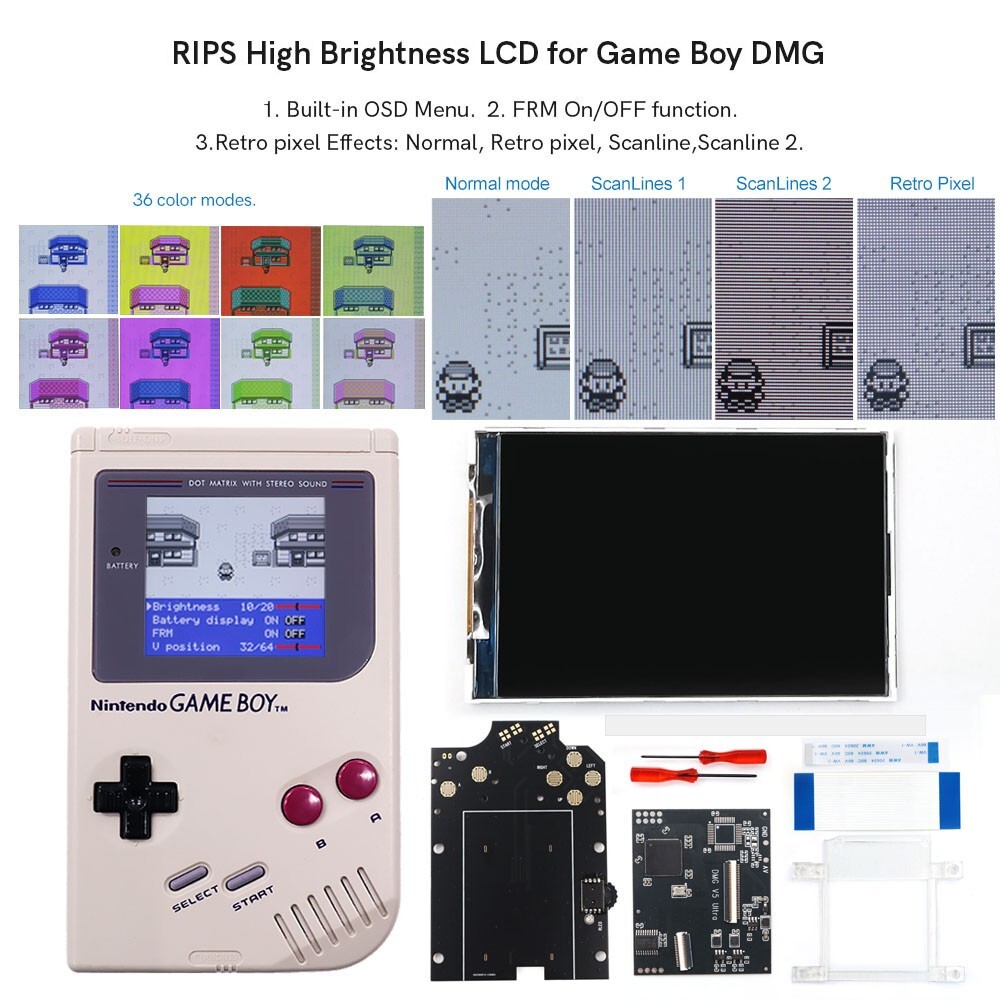 GB DMG V5 Pro OSD Menu Full Size RIPS Backlight LCD For GameBoy DMG Console