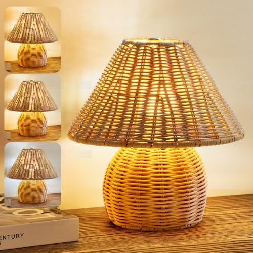 Bamboo Table Lamp Handmade Boho Rattan Bedside Lamp,3 Colors Small Brown