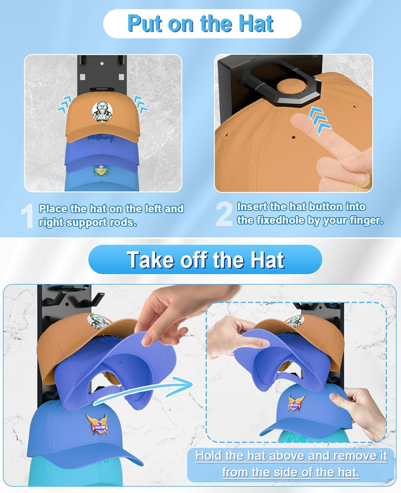 2 Pack Hat Organizer for Baseball Caps, Strong Adhesive Hat Rack for Wall, Multi