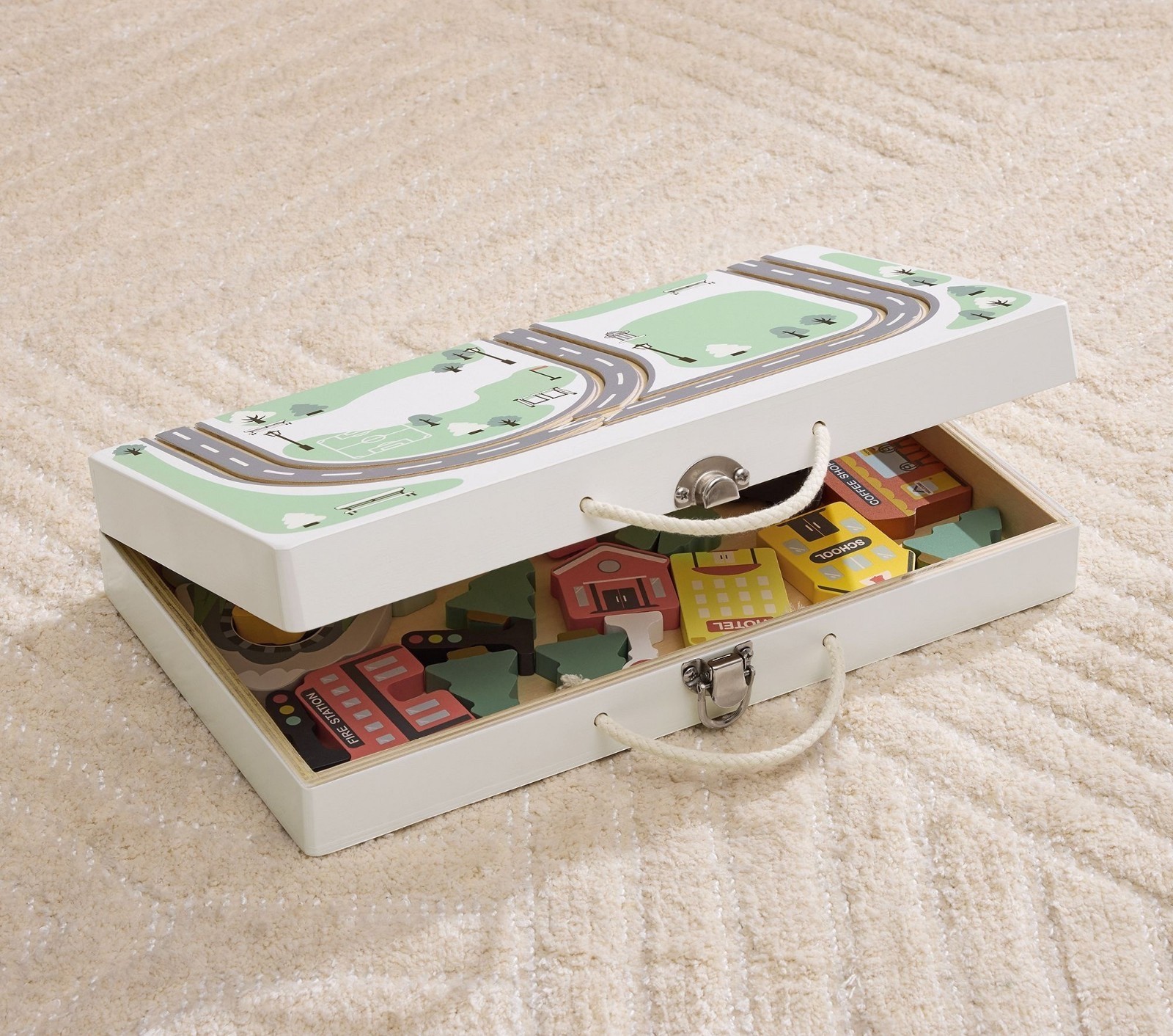 Pottery Barn Kids Neighborhood Train Set Wooden 24 Pc Carrying Case NEW In Box