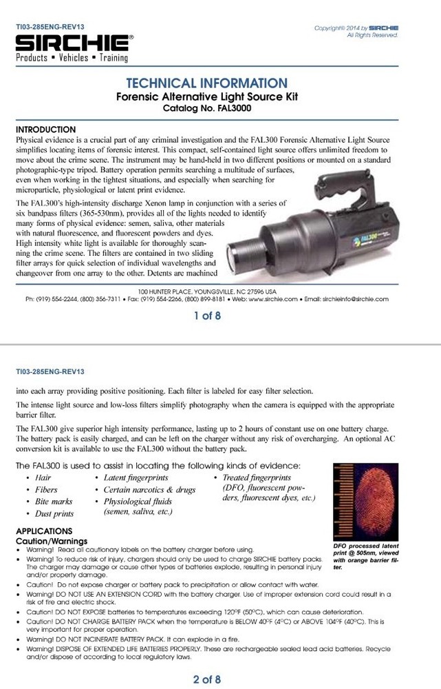 SIRCHIE FAL3000 Alternative Light Source Kit For Investigators Grade A