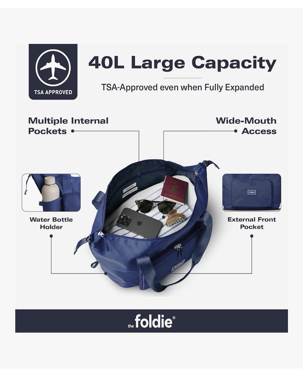 The Foldie® 4.0 Travel Duffle - Water Resistant - Expandable Bottom - Navy Blue