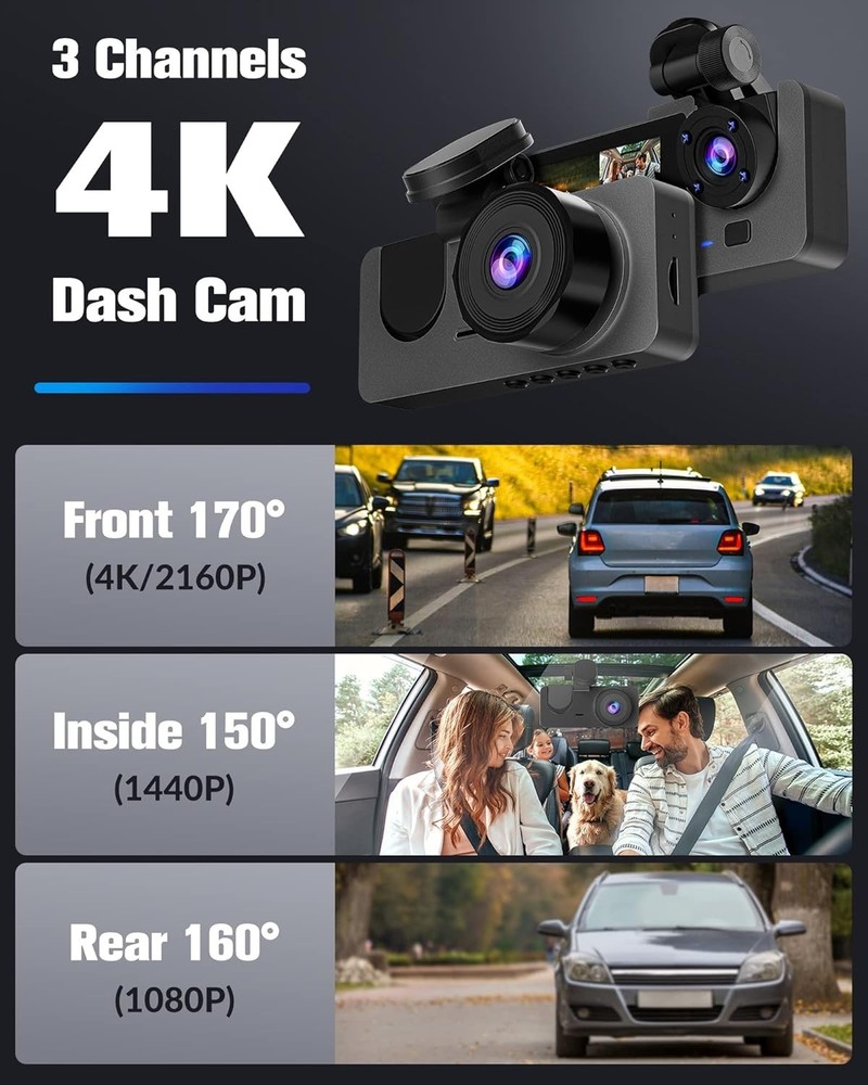 3-Channel Mini Dash Cam Front Rear Inside Bundle 32GB SD HDR Loop Parking Mode