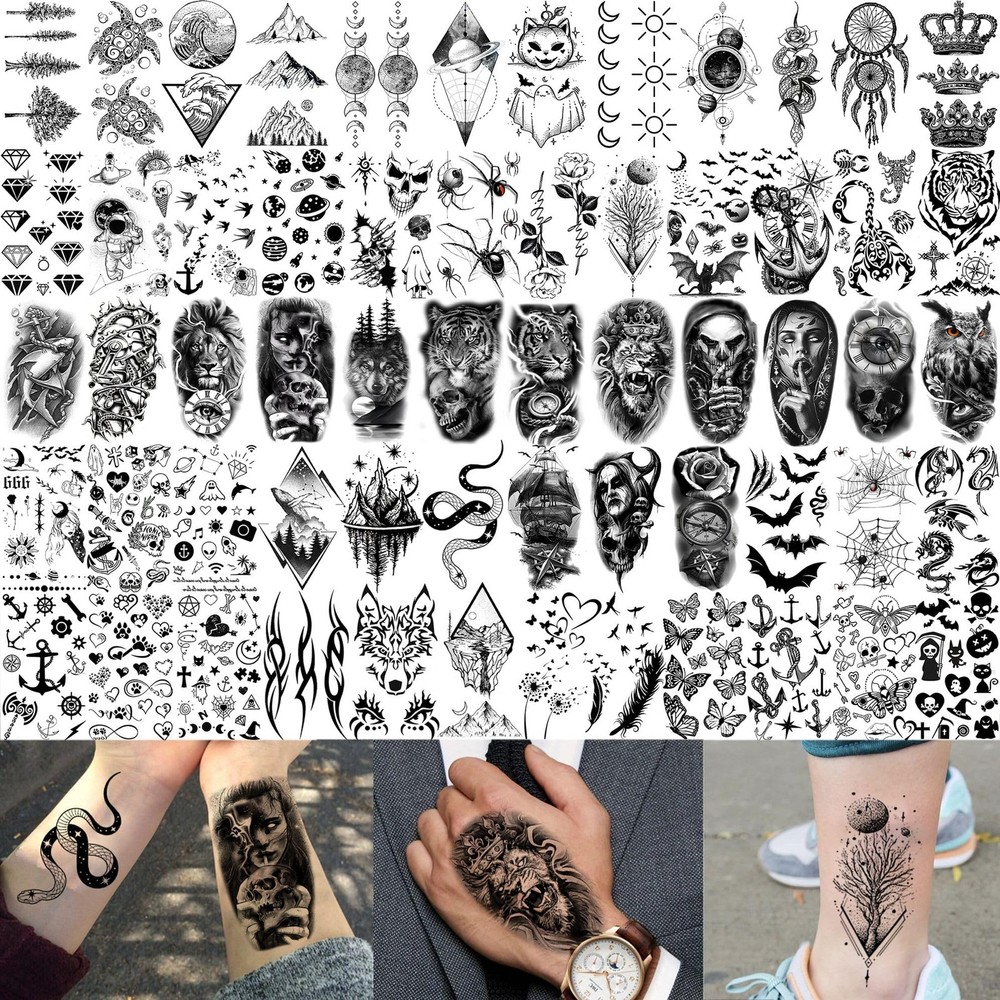 72 Sheets Realistic Mountains Temporary Tattoos For Women Men tiny, Black
