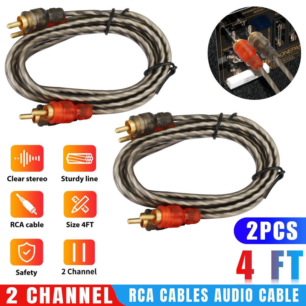 2pcs 4Ft RCA Cables 2 Channel Twisted Audio Amp Stereo Car Shielded Interconnect