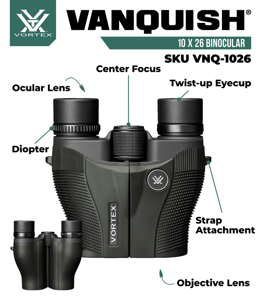 Vortex Optics Vanquish 10x26 Reverse Porro Prism Binocular with CD Hat Bundle