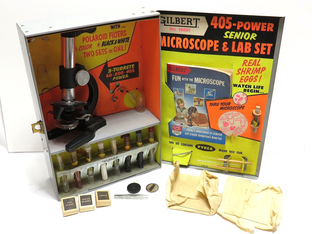 VINTAGE GILBERT #13021 MICROSCOPE & LAB SET COMPLETE SET w ORIGINAL BOX/CASE *