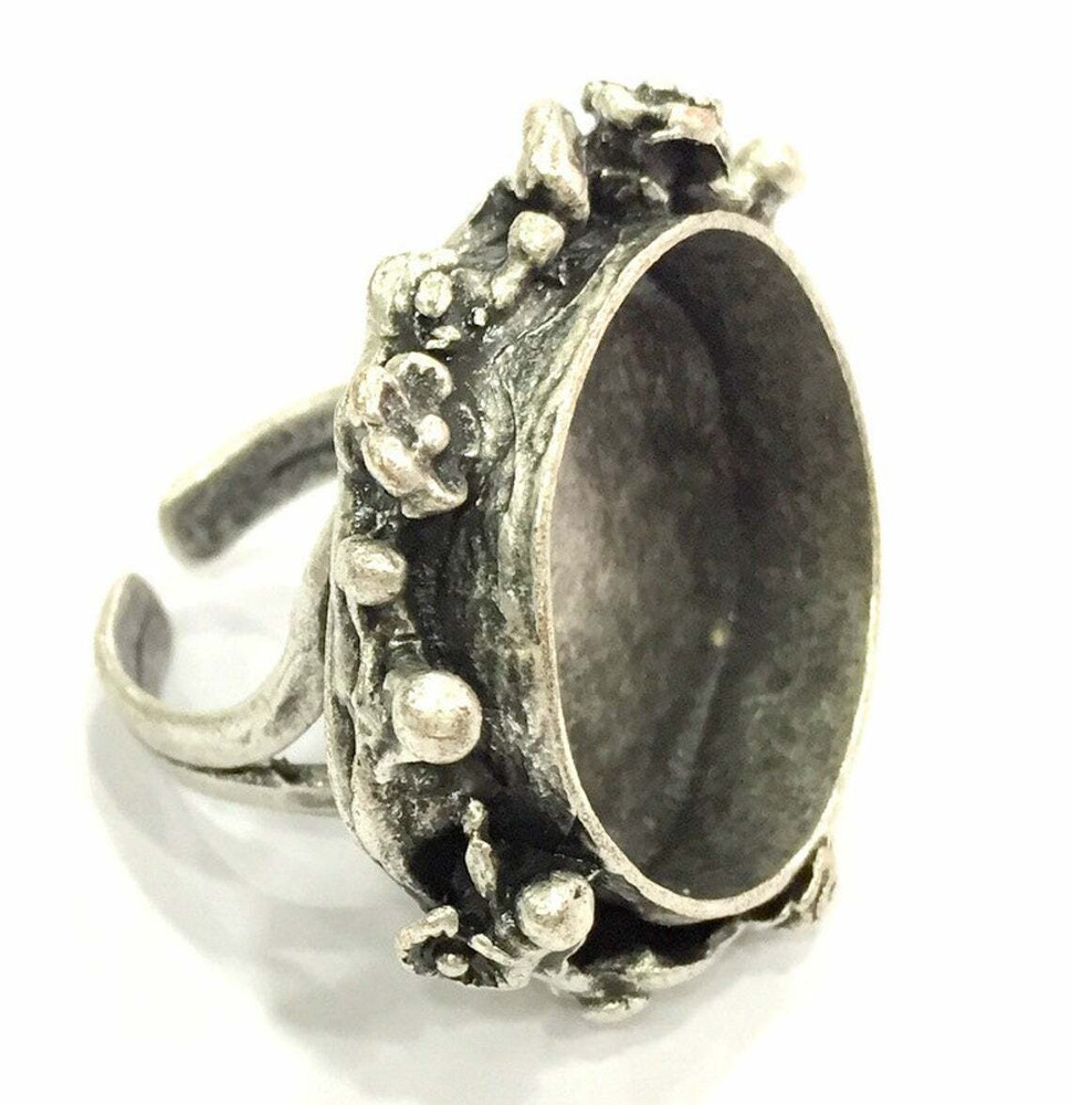 Flower Round Blank Ring Settings Bezel Cabochon Mountings Adjustable Silver