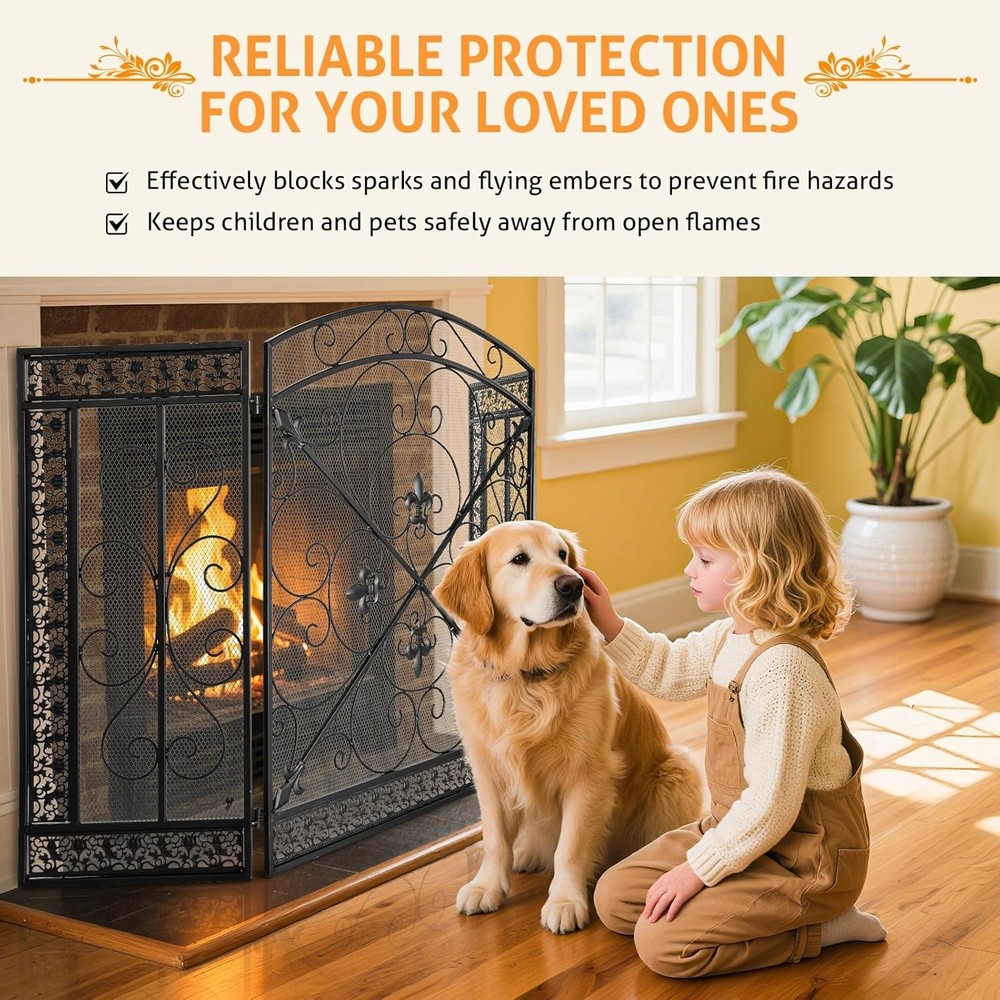 Fireplace Screen 3 Panel Cover Stand Alone Unit for Flexible Placement and Use