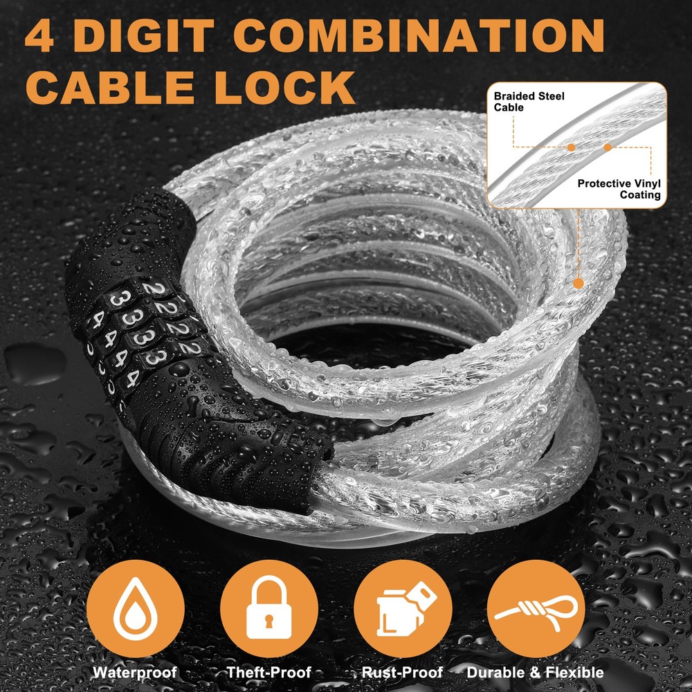 80cm Bike Lock Cable, Security Bike Wire with 4 Digit Code Combination, Clear