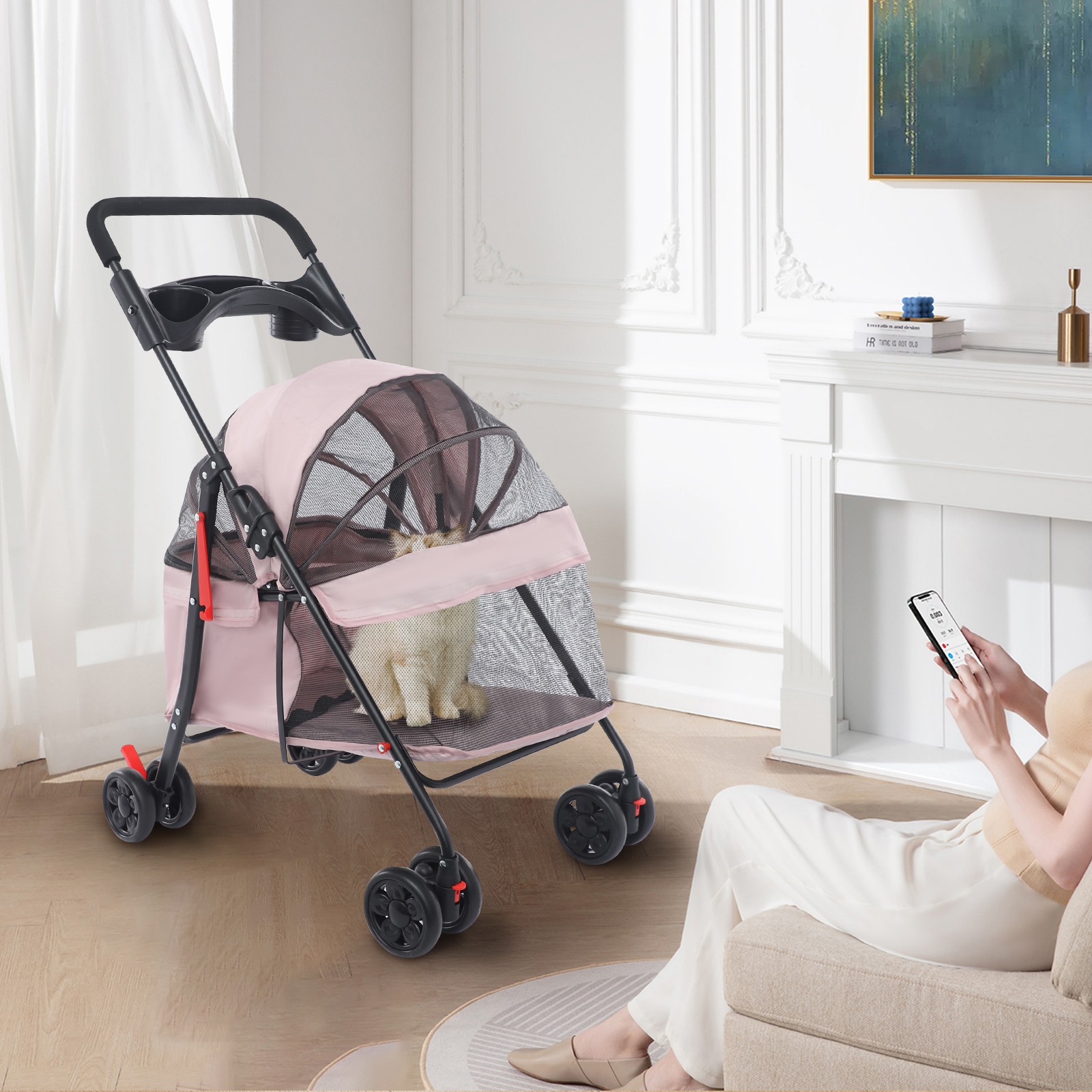 Dog Cat Stroller Pet Travel Carriage 4 Wheels Foldable Pets Carrier Cart PINK