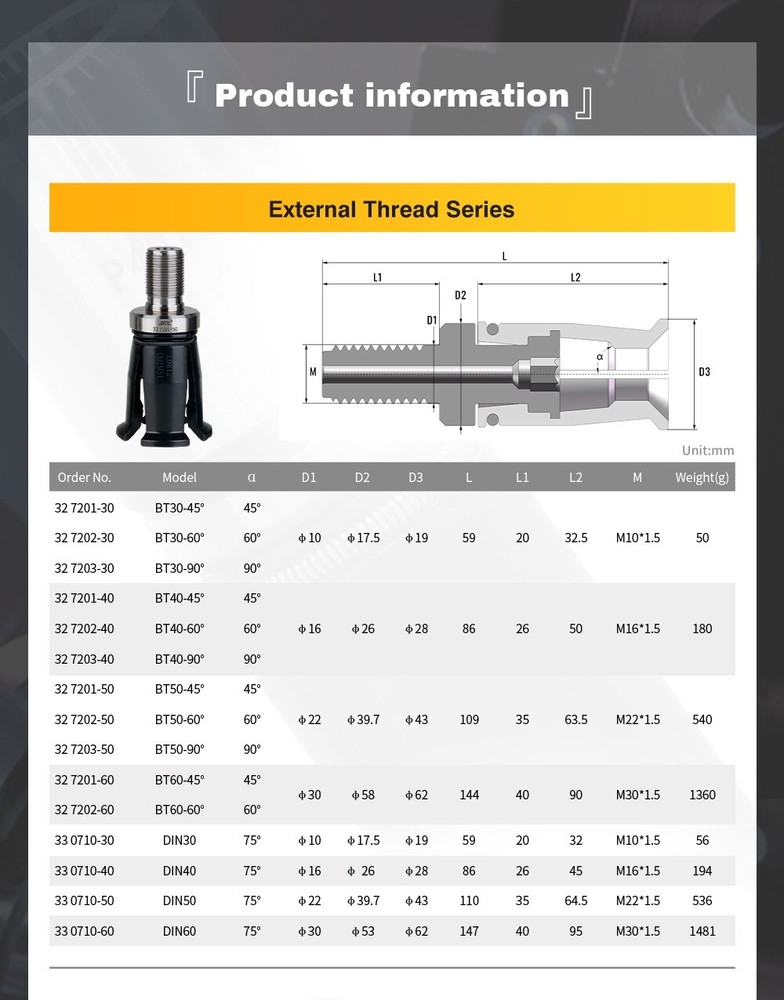 SFX BT50-45° External Thread BT Spindle Pull Claw 4 Petals BT50 Screw