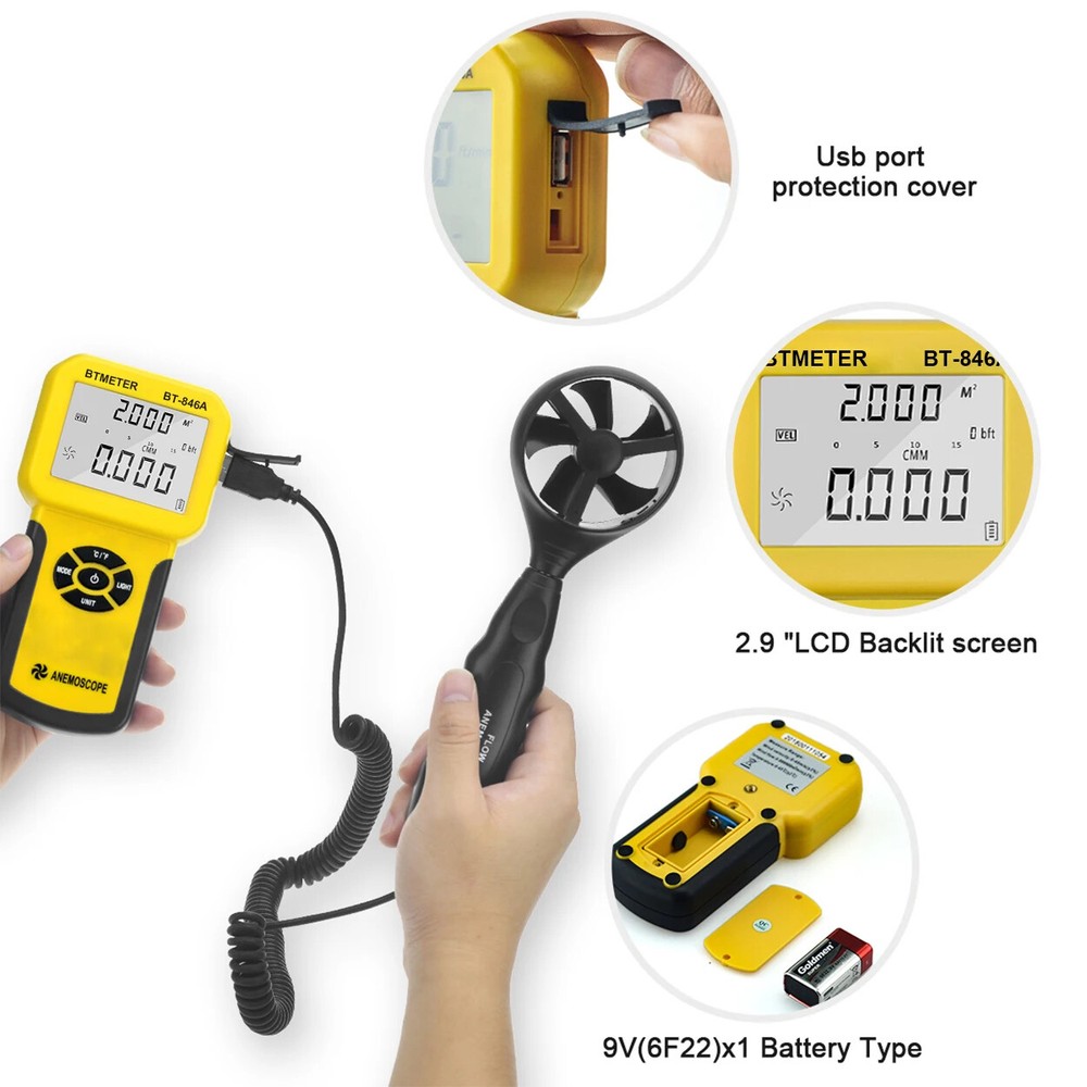HVAC Anemometer Measures Wind Speed Wind Flow Temp Tester with Backlight