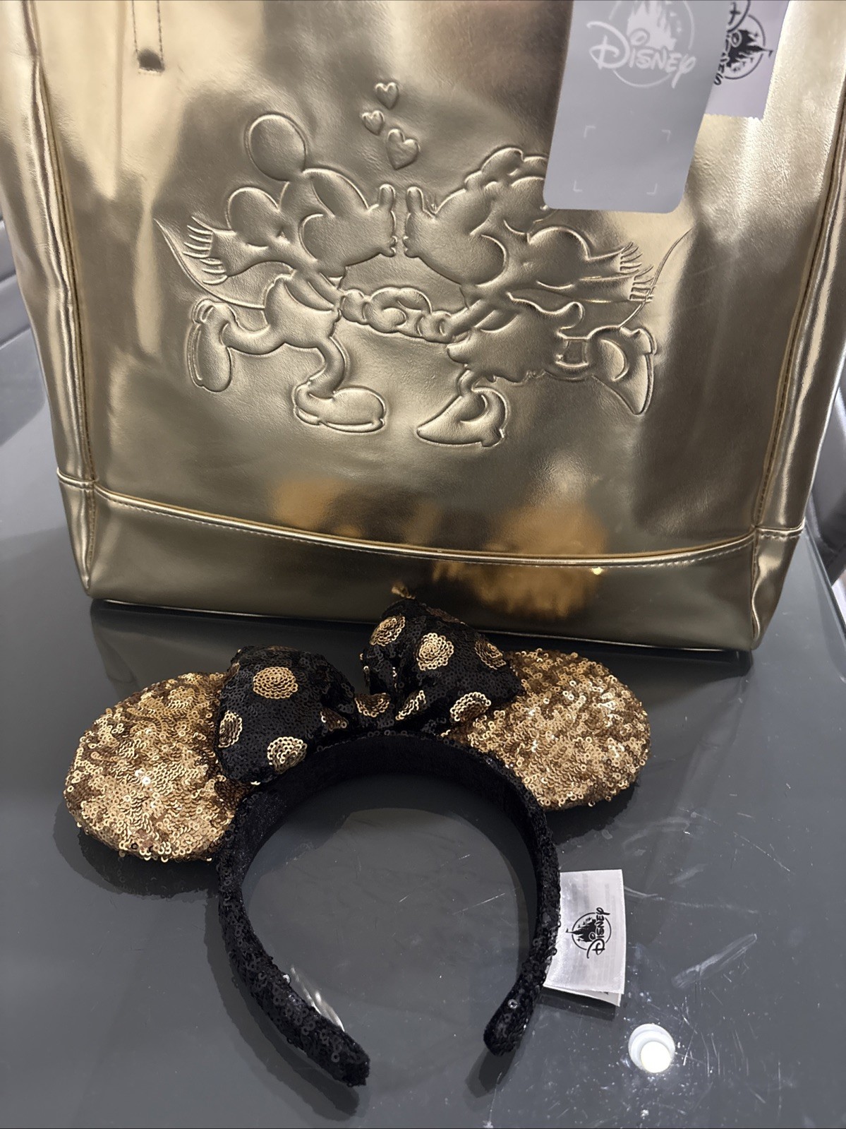 Disney Parks Mickey & Minnie Kissing Skating Gold Heart Briar Large Tote Bag NWT