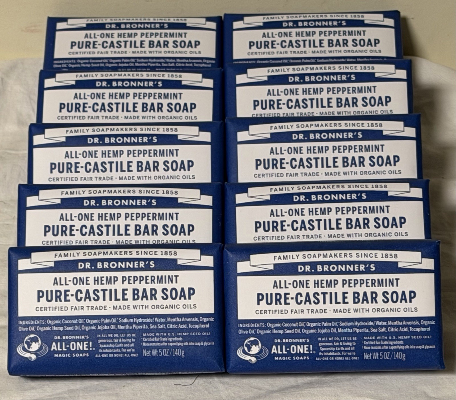 Dr. Bronner's All-One Pure-Castile Peppermint Magic Bar Soap 10 TEN 5 oz Bars