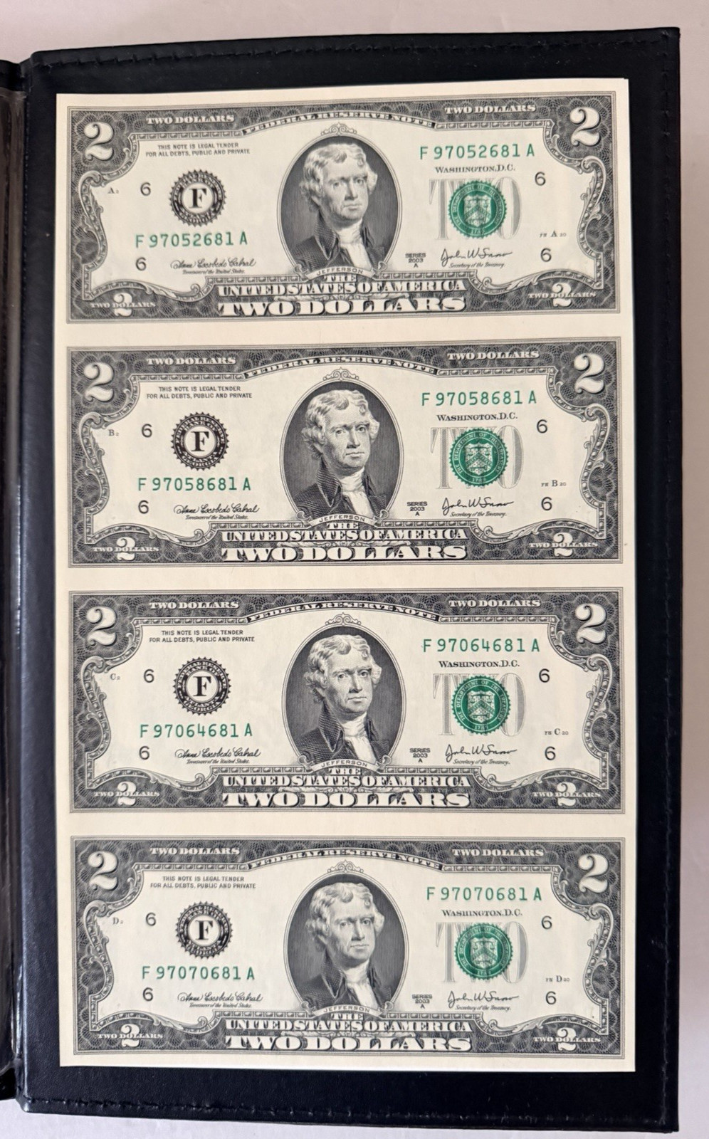 World Reserve Monetary Exchange Uncut Sheet $2 Dollar Bills 2003 Book/Folder COA