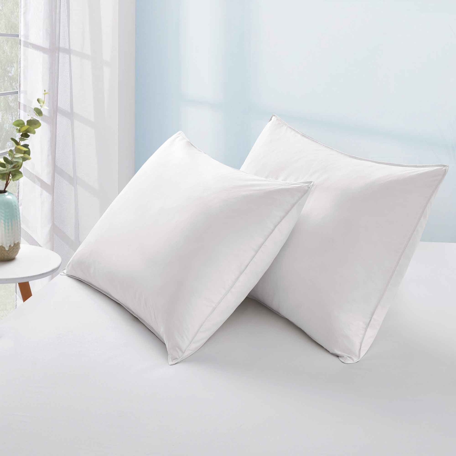 2 Pack White Goose Feather Bed Pillows Side and Back Sleepers Cotton Cover