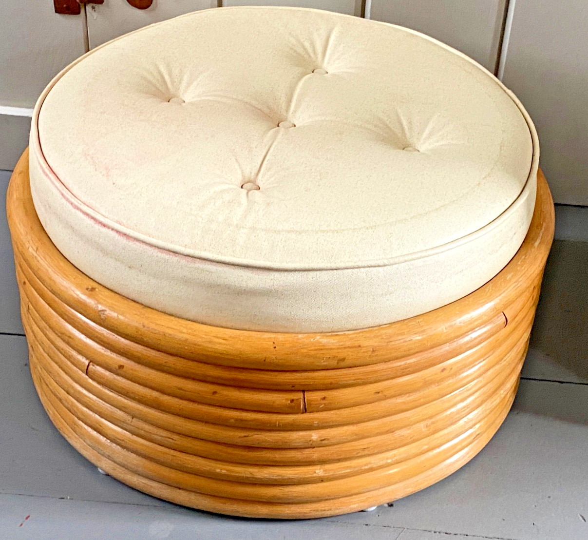 MCM Stacked 9 Band Bent Rattan Bamboo Ottoman Footstool Cushion Vtg Mid-Century