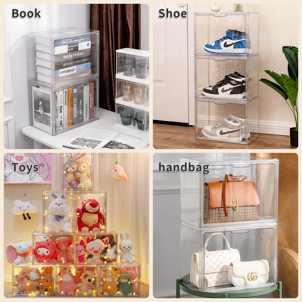 FABROK 2Pcs Clear Stackable Plastic Book Storage Display Organizer Box
