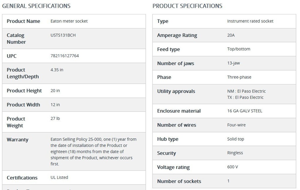 EATON USTS131BCH METER SOCKET 20A RINGLESS 13 TERMINAL